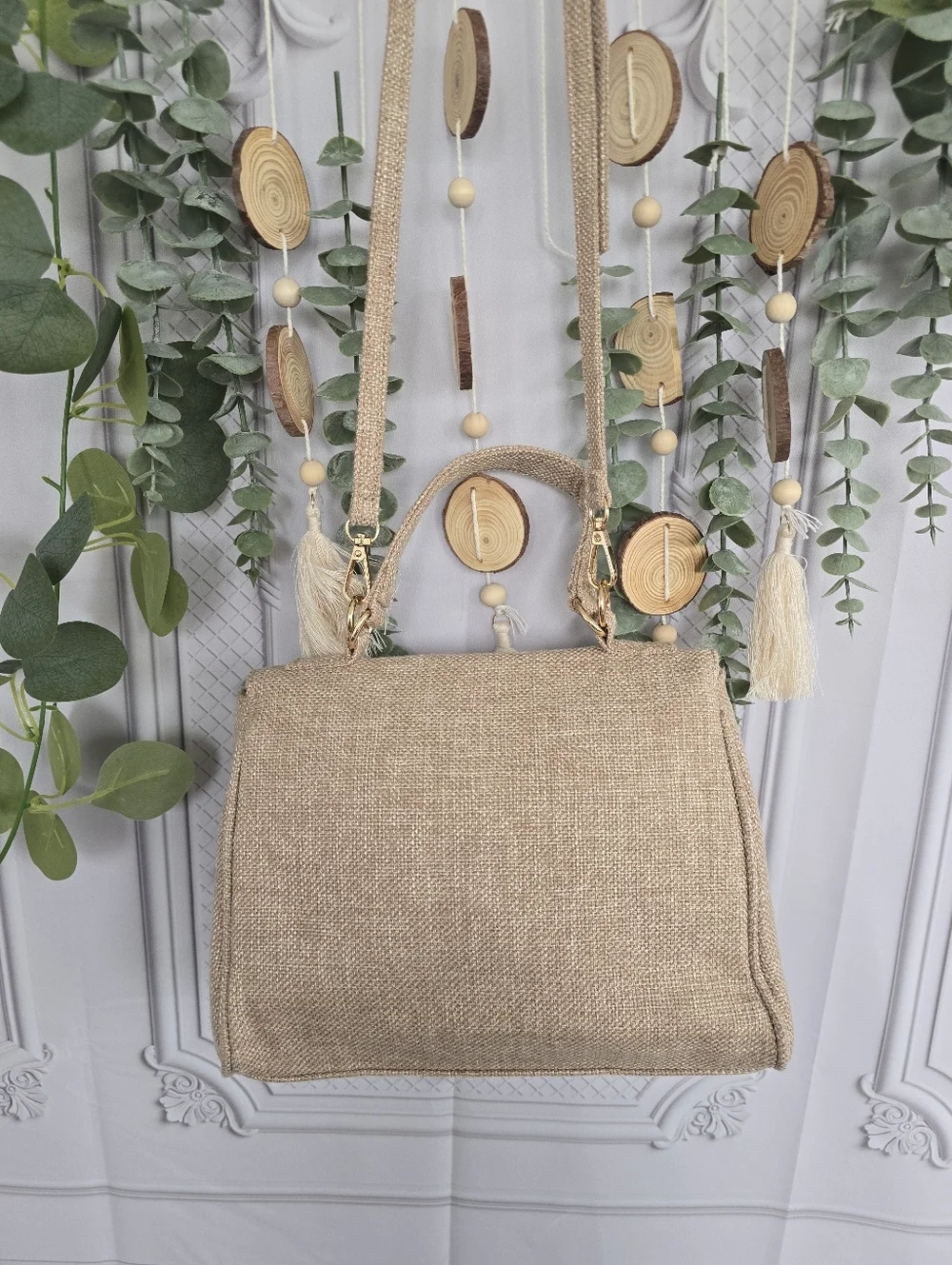3AM Coastal Woven Natural Linen Satchel with Gold Hardware Crossbody Handbag